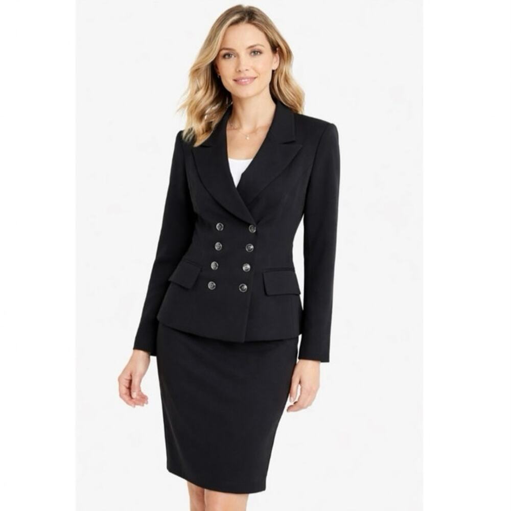 Kasper ASL Black Skirt Suit Set Sz 12 Double Breasted Blazer Pencil Skirt Career